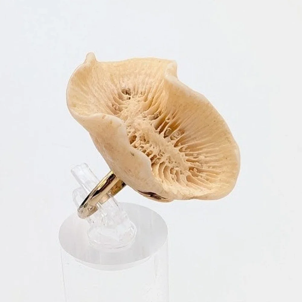Vintage Natural Mushroom Coral Ring Gold Tone Organic Statement Ring Size 7
